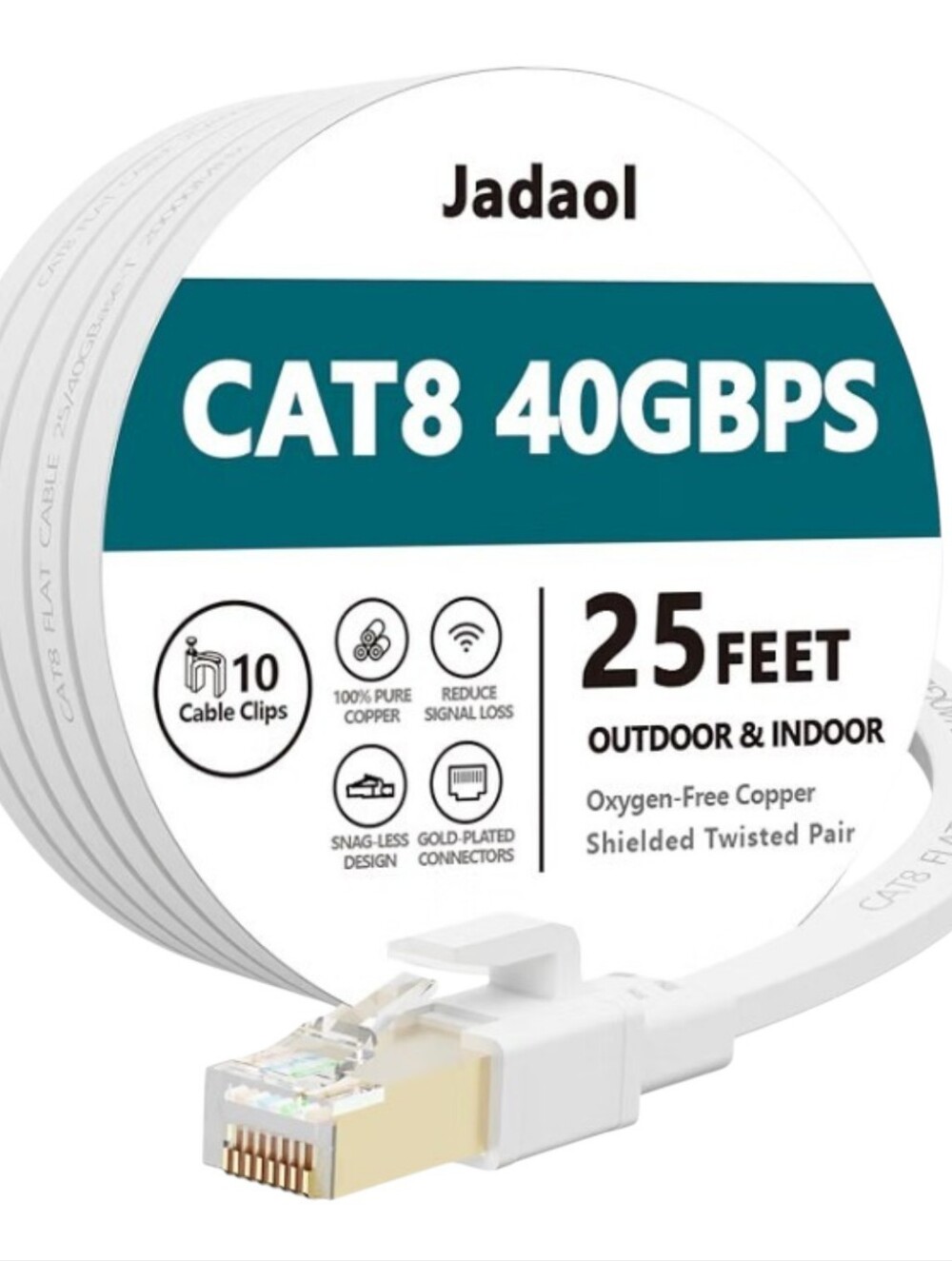 Cat8 White Flat Ethernet Cable Indoor Outdoor, 40 GBPS, 2000 MHz, 25 Feet NEW